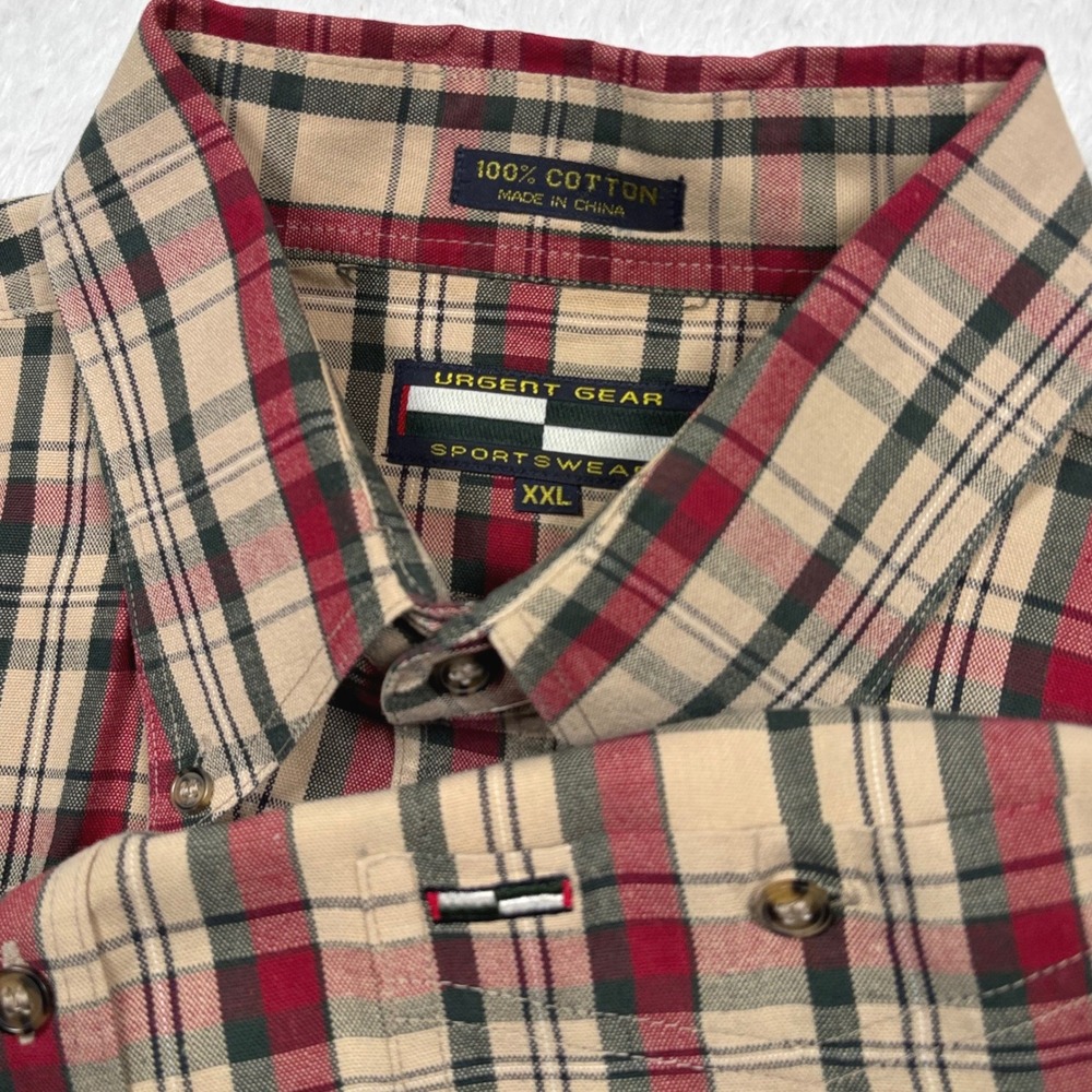 VTG 90s Urgent Gear Button Men XXL Tan Red‎ Green Plaid Heavyweight Long Sleeve